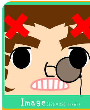 square face generator gallery image showing a peach avatar with red hair accessories, one round lens, and a striped grin