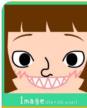 square face generator gallery image showing a pale avatar with blunt bangs, blush marks, and a sharp-tooth smile