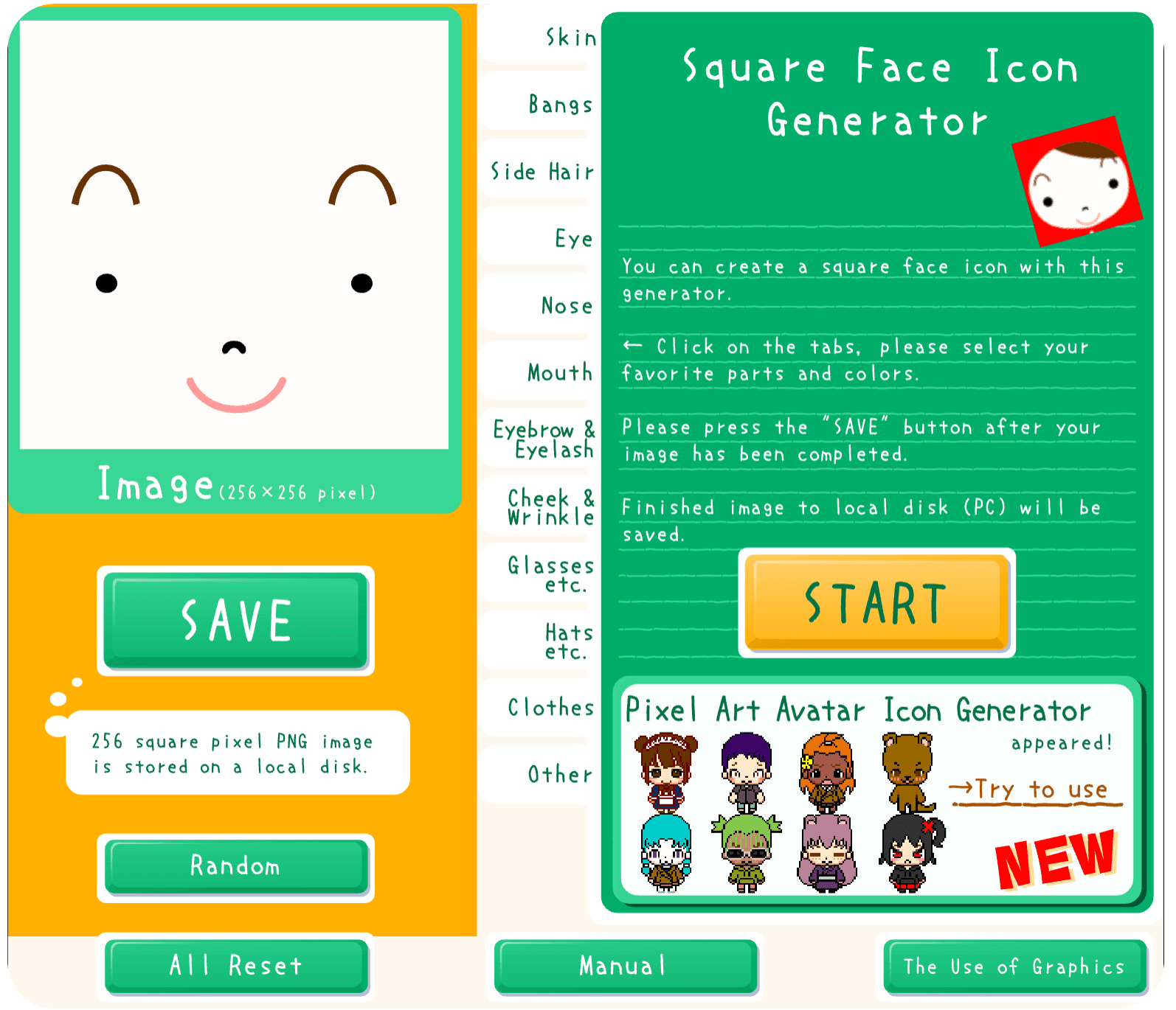 Classic Square Face Generator poster with Start button and avatar editor preview
